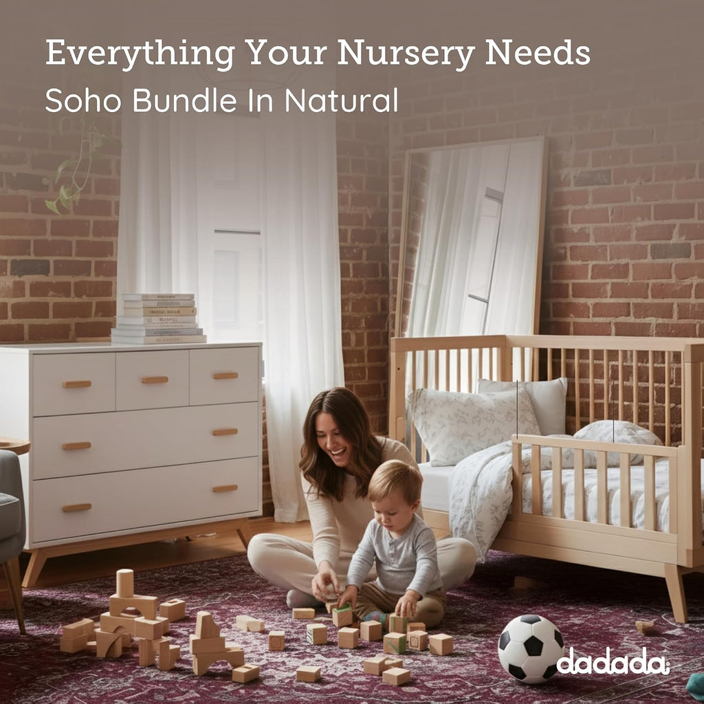 Soho Nursery Furniture Set, Baby Crib & Dresser Combo, White/Natural | Soho 3-in-1 Convertible Beechwood Baby Crib