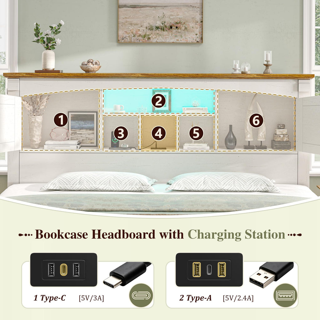 Farmhouse Bed Frame with Storage Headboard & Charging Station