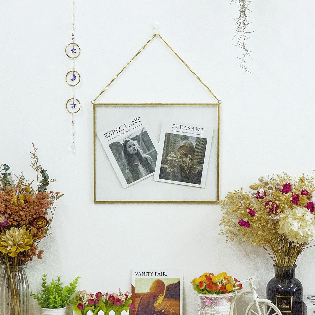 11x14 Inch Pressed Flowers Glass Picture Frames for Artwork Certificate, Horizontal Gold Brass Double Glass Clip