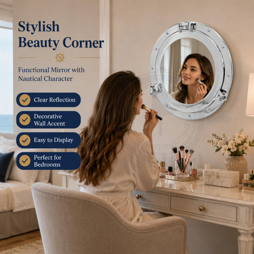 Metal Crafted Nickel Plated Aluminum Porthole Bathroom Decor Mirror (15 Inches)