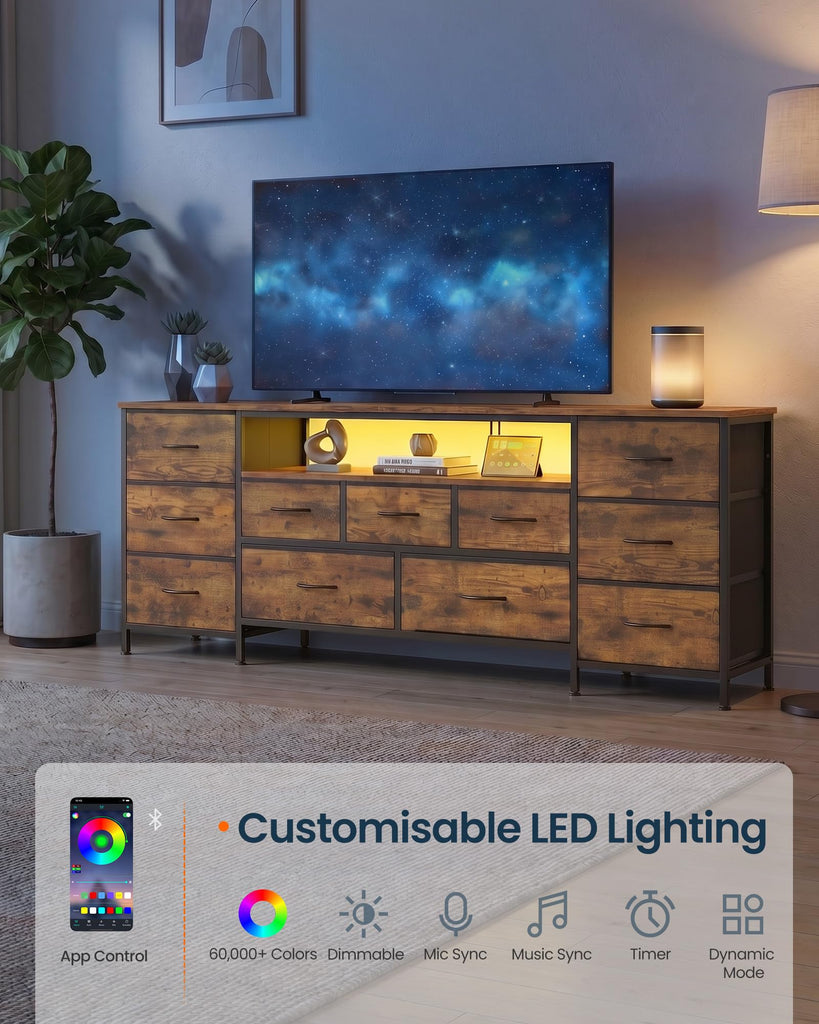 TV Stand with LED Lights, 11 Drawers, 68.6" W, Rustic Brown