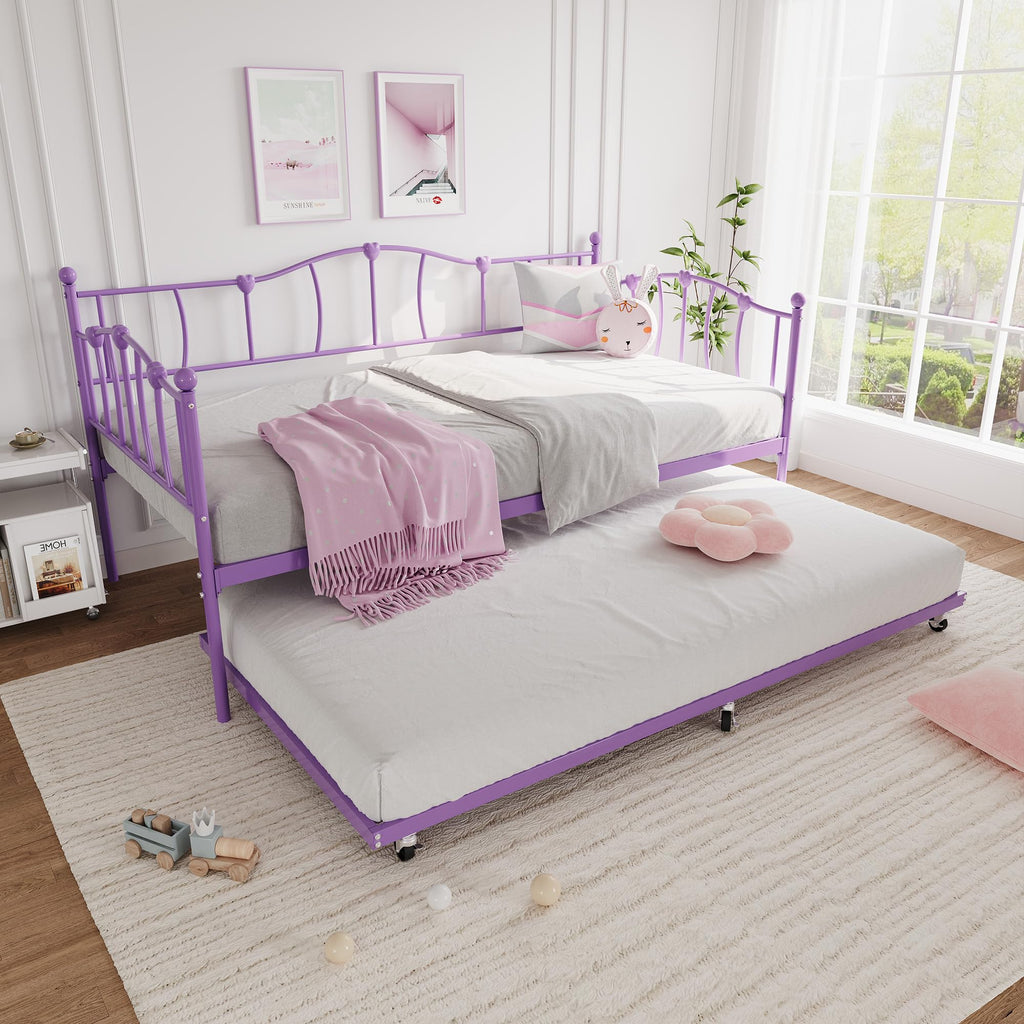 Twin Daybed with Trundle, Metal Sofa Bed Frame with Steel Slat Support, Twin Size Space-Saving Furniture, Love Heart