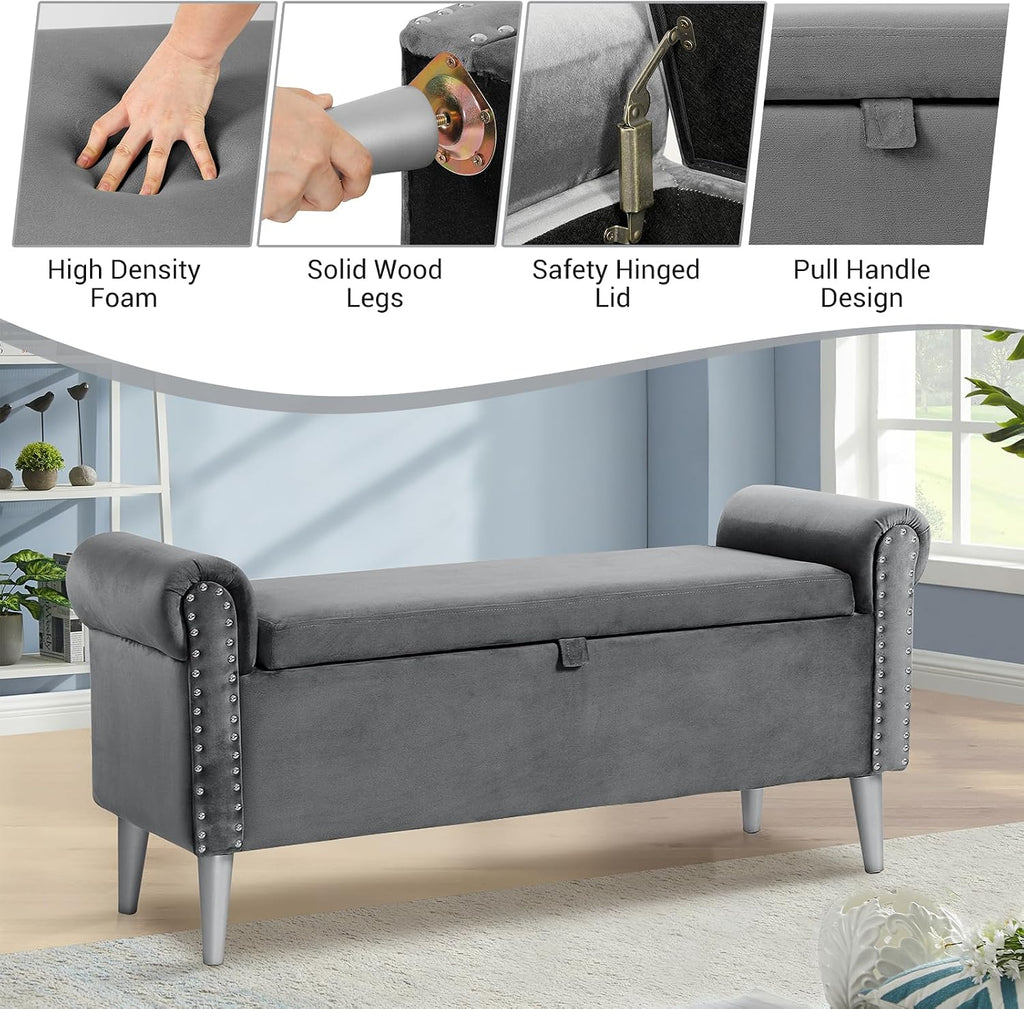 Storage Bench - Grey Velvet Bench with Storage 47" | Featuring Rolled Arms Decorative Nailhead Trim Safety Hinge