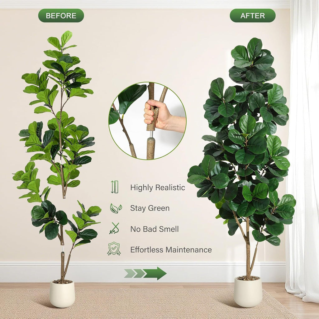7ft Artificial Fiddle Leaf Fig Tree, 141 Realistic Faux Ficus Lyrata Leaves with 3D Veins, 9in White Ceramic Planter