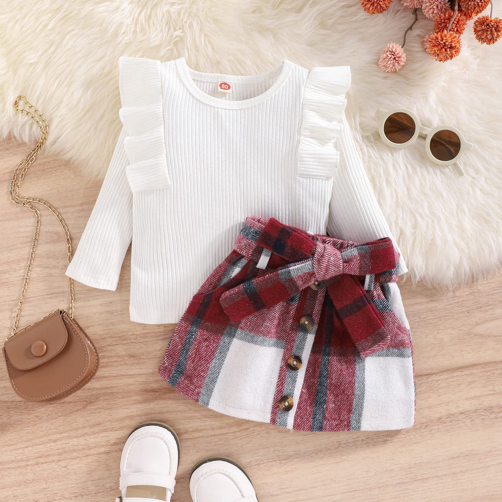 Toddler Baby Girls Plaid Outfits Knit Ribbed Sweatshirt Shirt Tops Red Plaid Belt Skirt Fall Winter Clothes