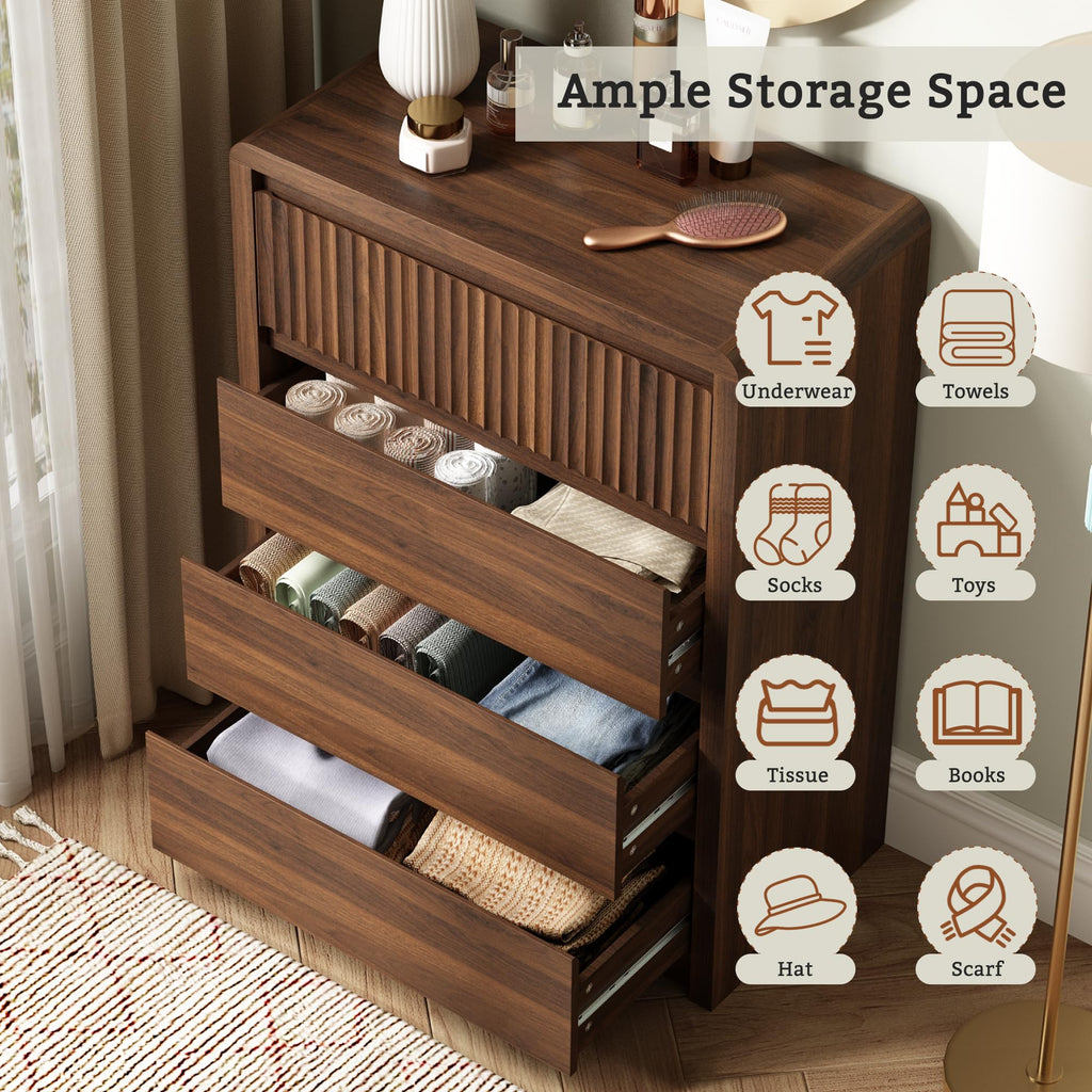 4 Drawer Dresser, 40" Tall Fluted Dresser with Curved Corners, Wood Dressers & Chests of Drawers with Dual-Panel