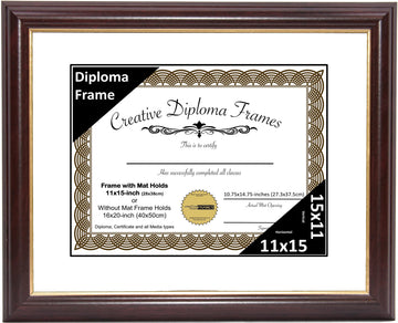 11x15 Mahogany Gold Rim Diploma Frame with White Mat Glass and Installed Wall Hangers | Frame Holds 16x20 Media
