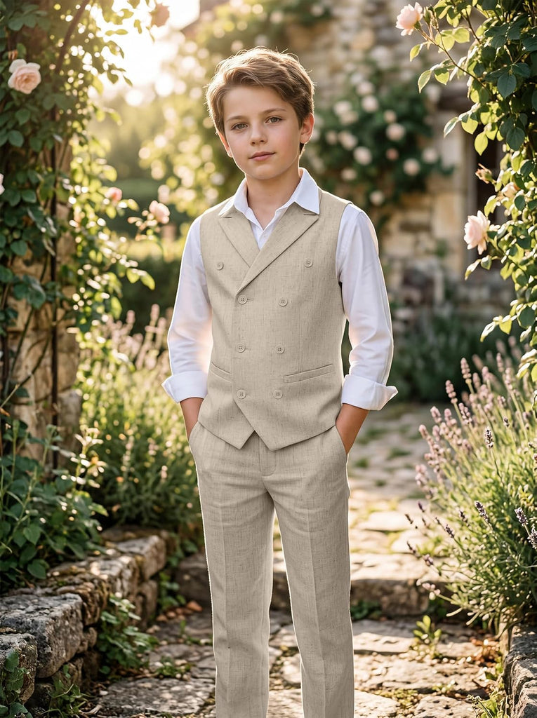 Boys Linen Suit Slim Fit Kids 5 Piece Casual Summer Suits Set
