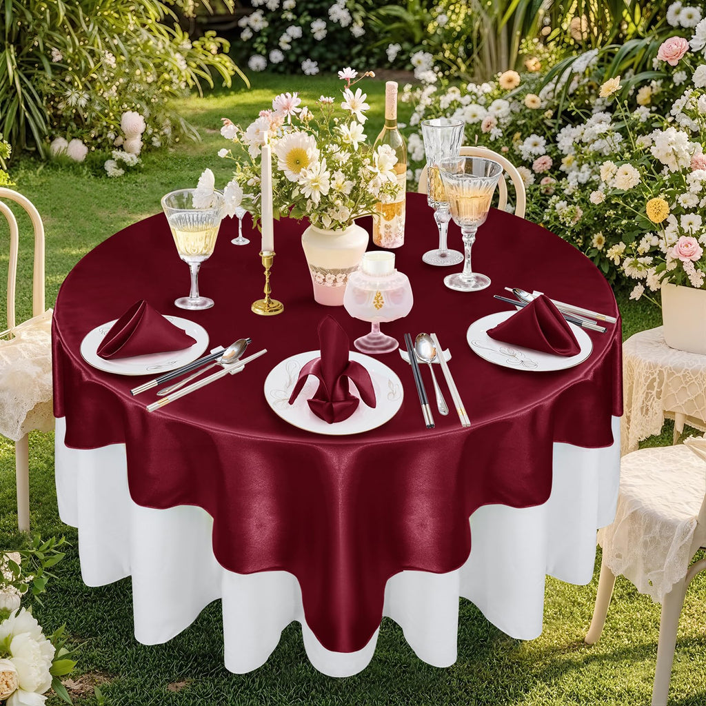 72 Inch Satin Square Tablecloth Overlay, Red, 6 Pcs