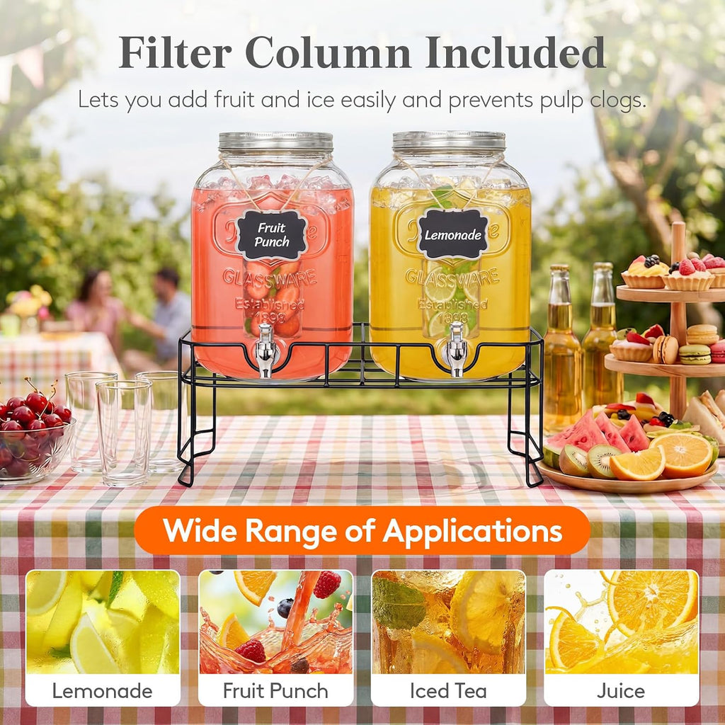 Gallon Glass Drink Dispenser with Stand & Fruit Infuser - Set of 2