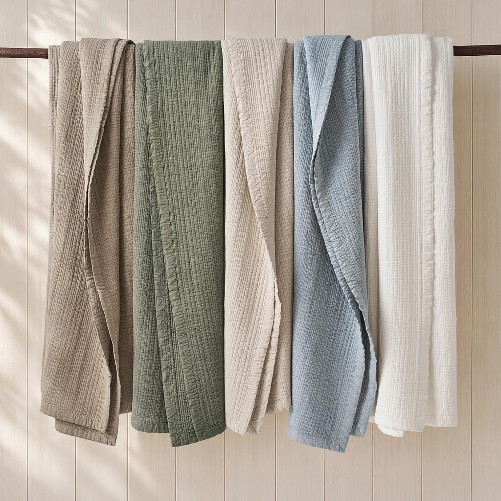 Stonewashed Textured Cotton Quilt Set, Blue Linen