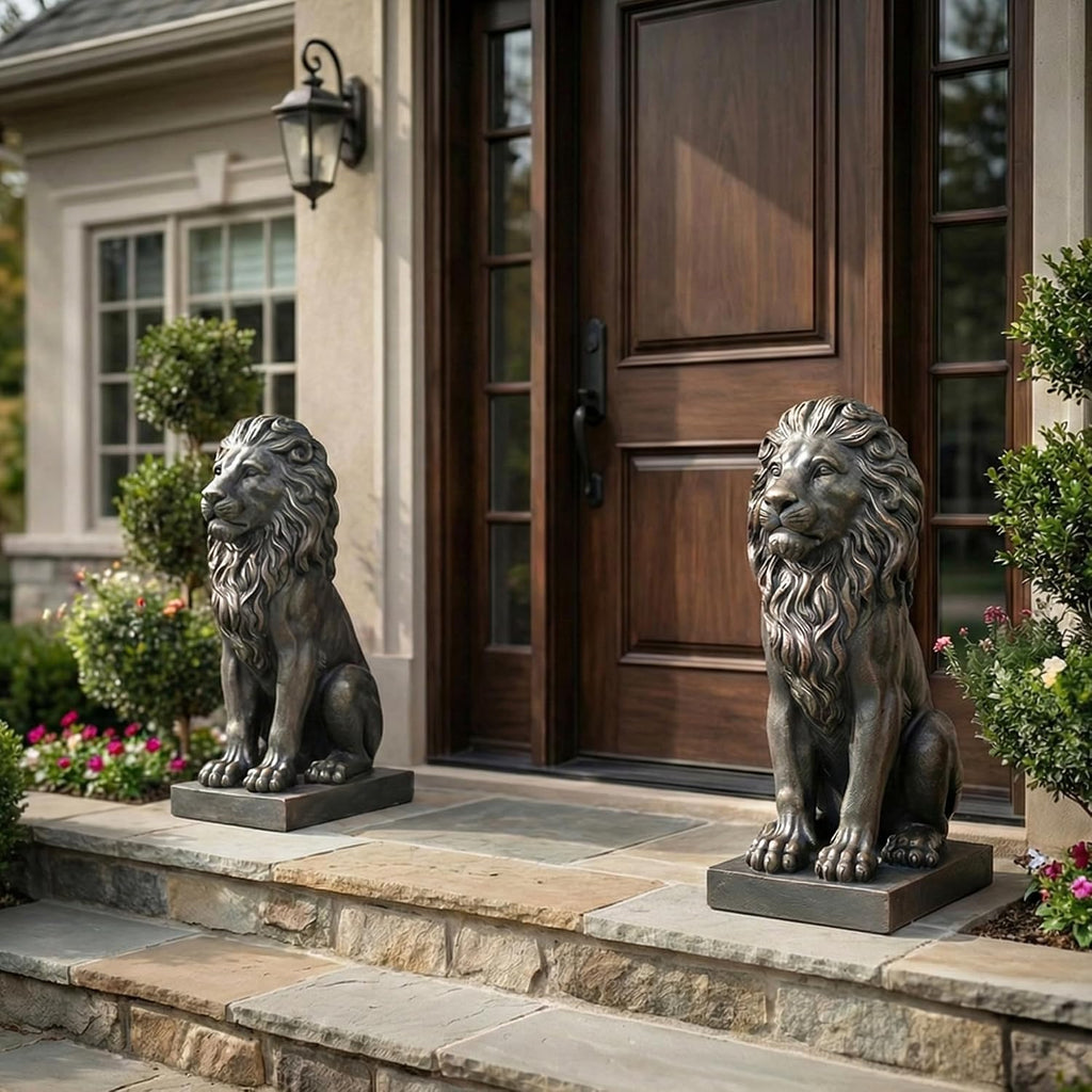 Sculptures Garden Statues, Outdoor Lion Statue 27in Tall, Magnesium Oxide Stone Composite Animal Sculpture Statue