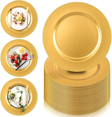 Gold Charger Plates, 13 Inch Plastic Round Gold Chargers for Dinner Plates with Beaded Rim, Reusable Plastic - Set of 50