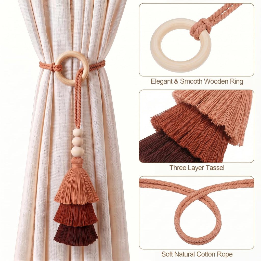 Boho Curtain Tiebacks with Wooden Beads Rings, Terracotta - 4 Pcs
