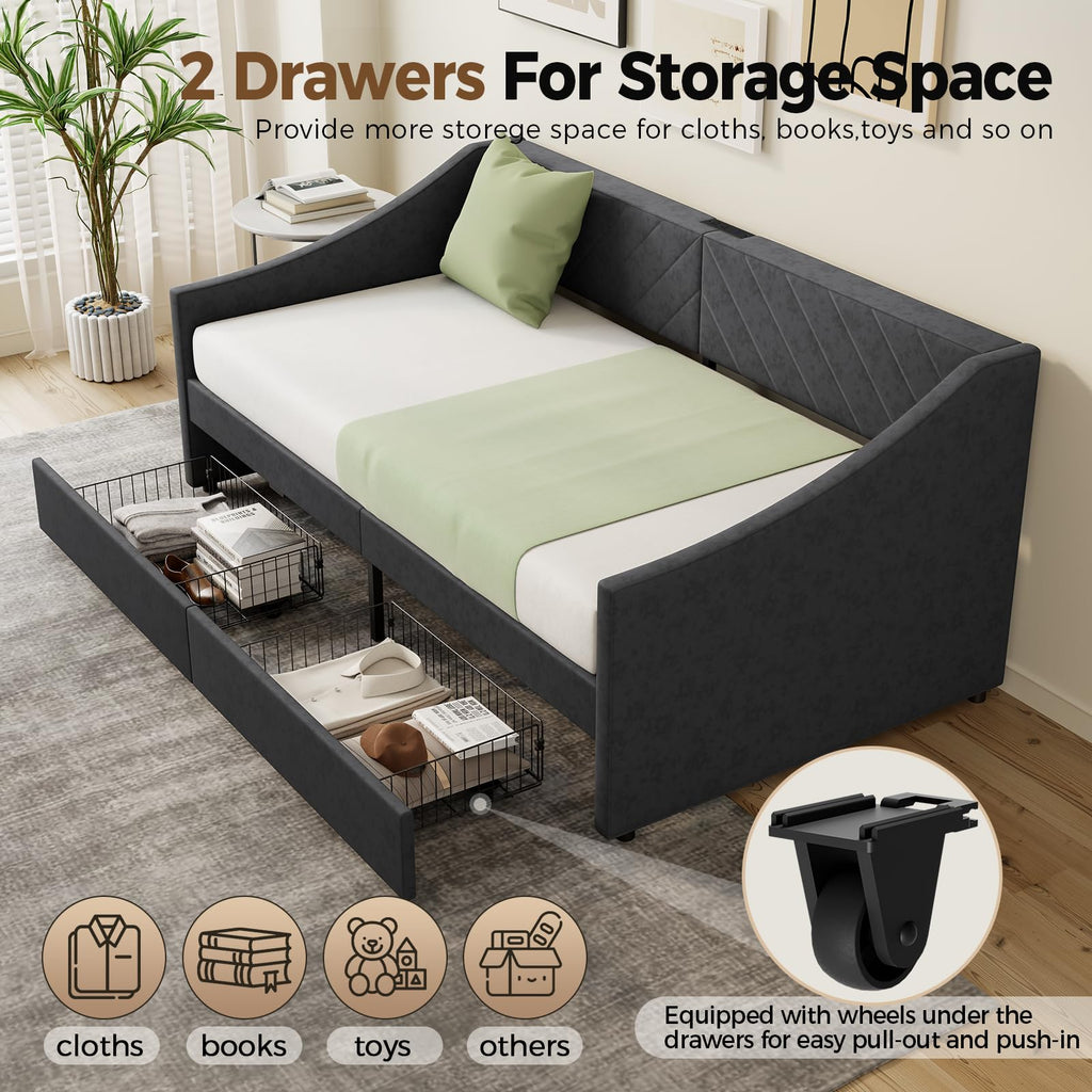 Twin Size Daybed with 2 Storage Drawers, Upholstered Daybed Frame with Charging Station, Heavy Duty Sofa Bed, No Box