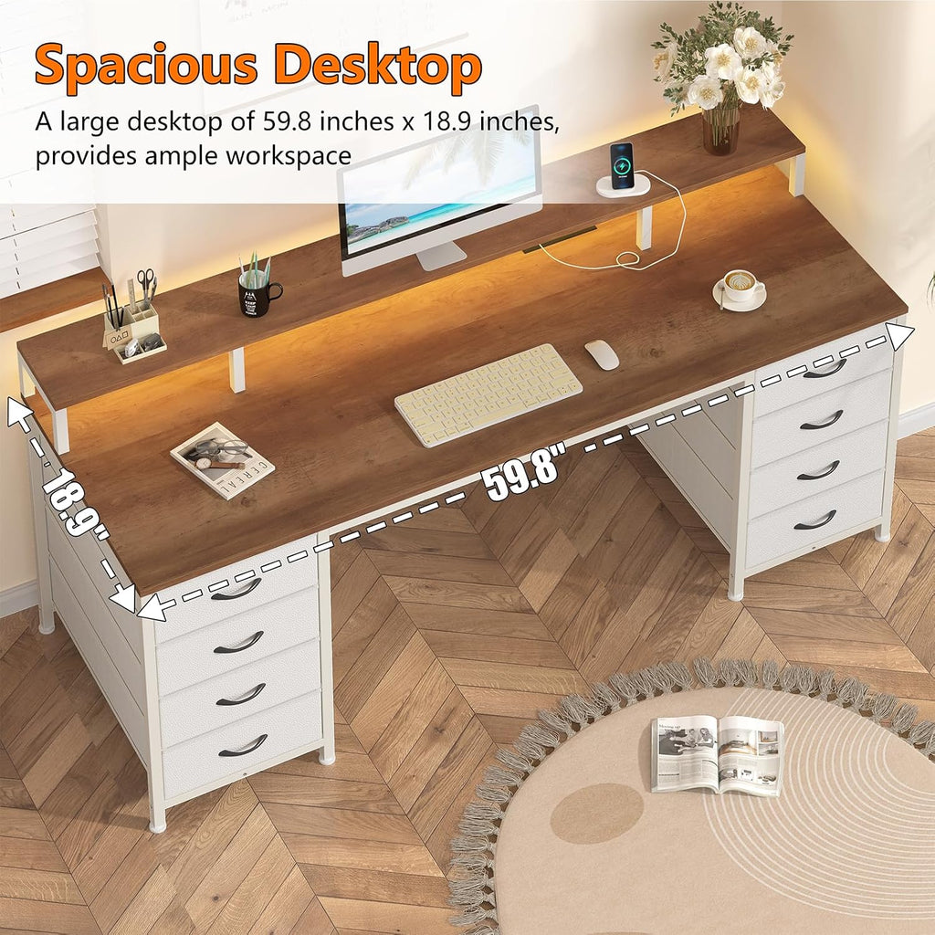 60" Computer Desk with 8 Drawers & Monitor Stand | Gaming Desk with LED Lights & Power Outlets, Home Office Desk with