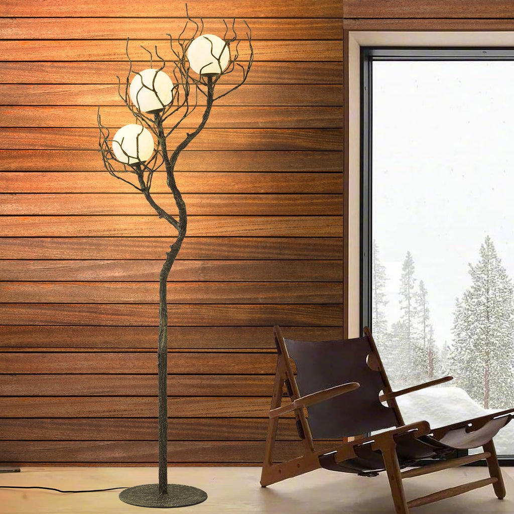 Tree Branch Floor Lamp, 3-Light Gothic Moon Branch Floor Lamp, Wood Grain Resin & Metal Base for Farmhouse, Bedroom