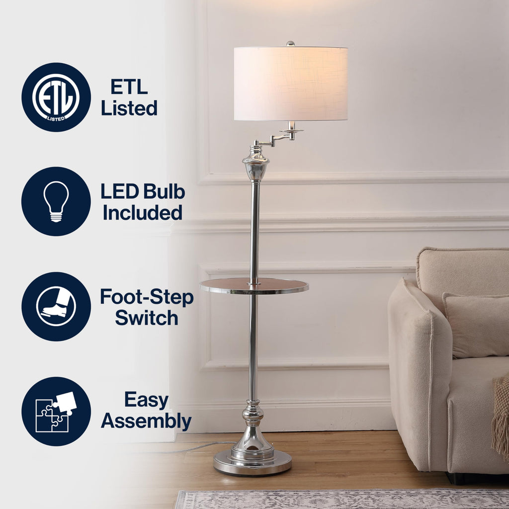 Cora 60" Metal Swing Arm Floor Lamp, Chrome/Brown Wood