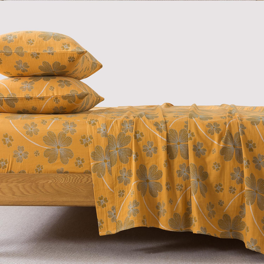 Sheet Set, 100% Cotton Double Gauze, 4-Piece Soft Floral Bed Sheets in Orange & Blue Gray, Deep Pocket Fitted
