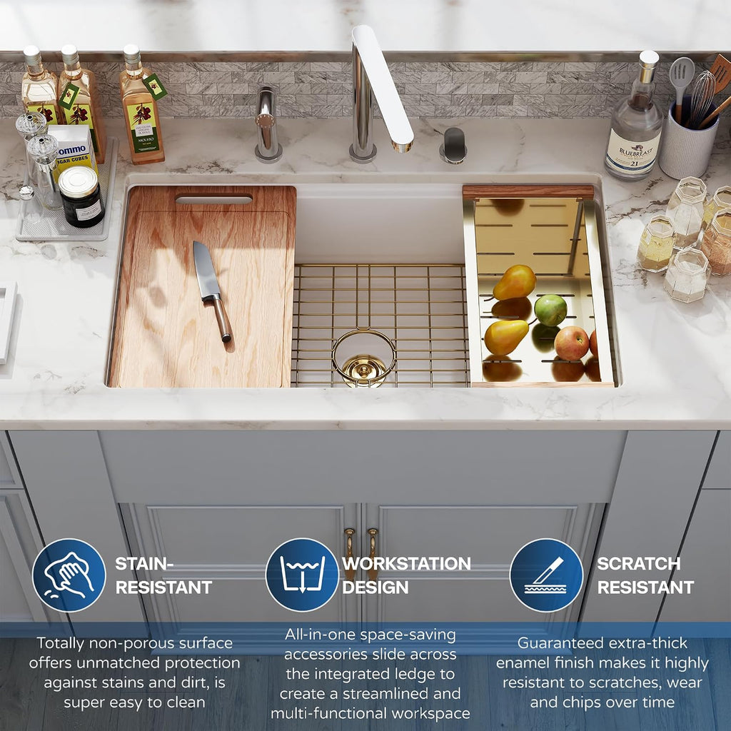 33 White Undermount Kitchen Sink Workstation, Topmount & Undermount Kitchen Sink 33x19 inch White Porcelain Ceramic