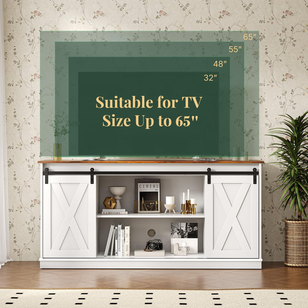 Farmhouse TV Stand for 65 Inch TV, Media Console, Milk White