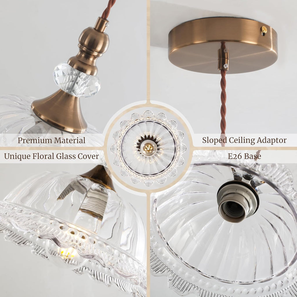 Vintage Pendant Light Fixtures for Kitchen Island Brass Gold 10.6" Glass Small Pendant Lights Adjustable Hanging