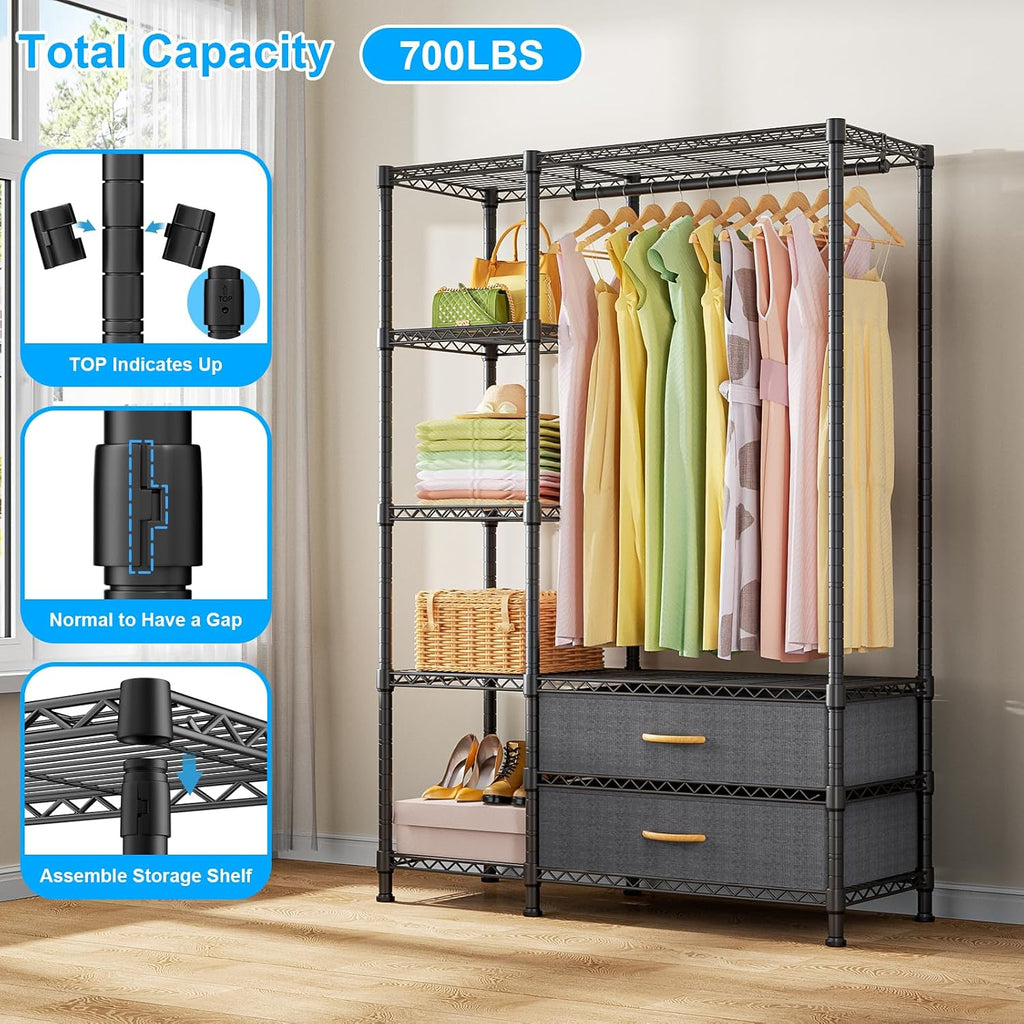F3 Heavy Duty Clothes Rack(With Fabric Drawers)Freestanding Clothing Racks for Hanging Clothes,Adjustable Closet