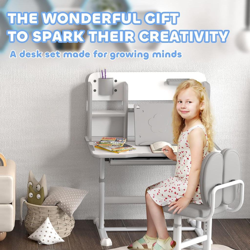 Kids Desk and Chair Set Height Adjustable Tilt Desktop Gray