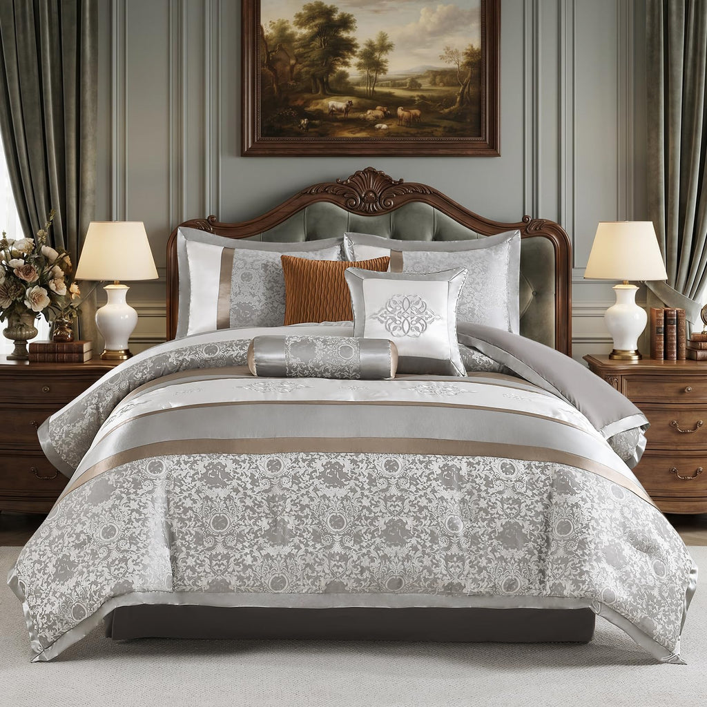 7 Piece Luxury Comforter Set - Luxurious Jacquard Striped Patchwork Design Comforter, Vintage