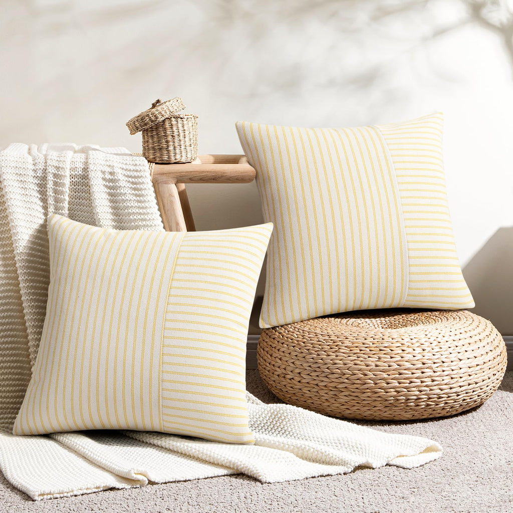 Farmhouse Pillow Covers 20x20, Modern Accent Square Throw Pillow Covers Set of 2, Yellow and Beige Striped Patchwork
