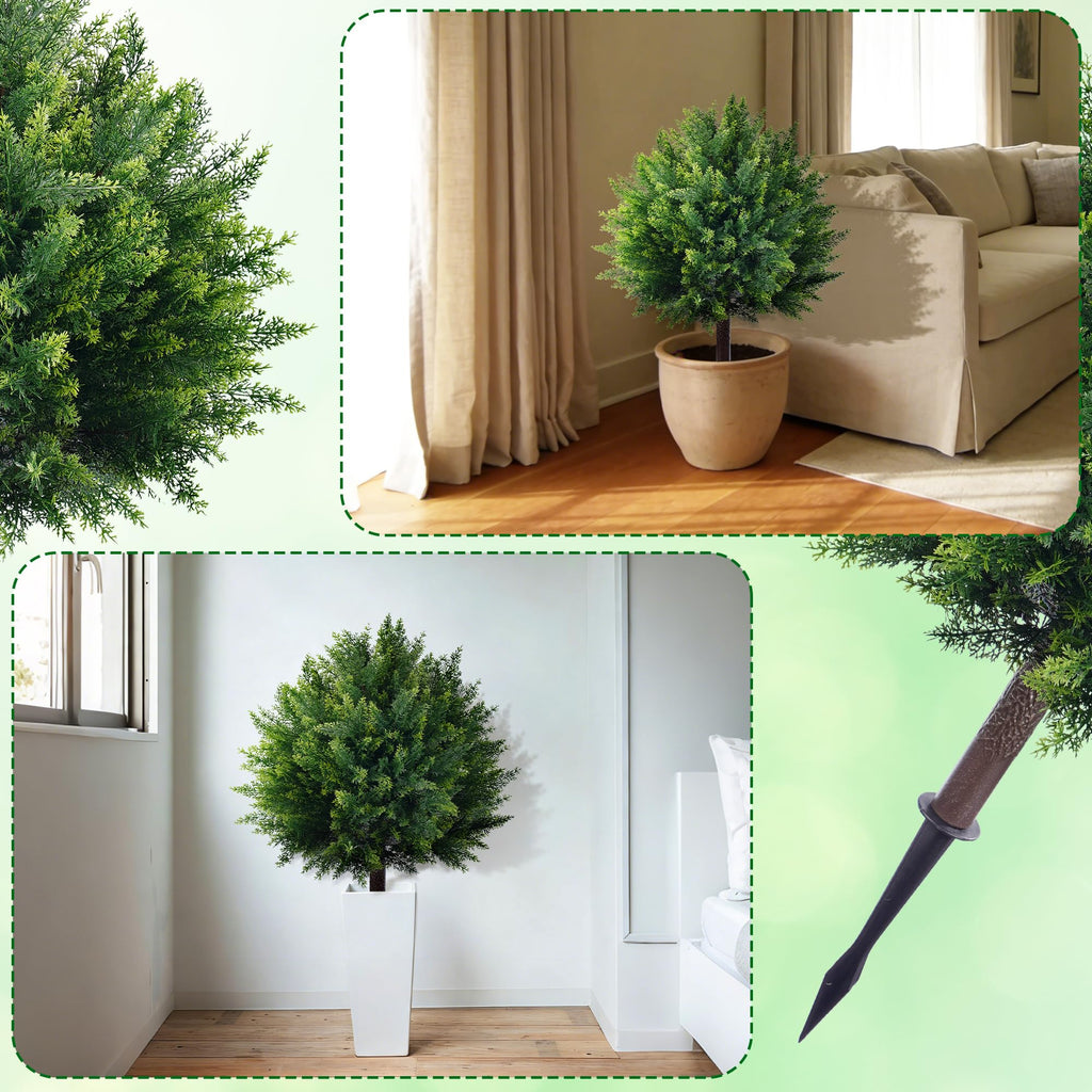 27.6'' Artificial Cedar Topiary Ball Trees (2 Pack), UV Resistant Faux Evergreen Shrubs with Ground Spikes, Realistic