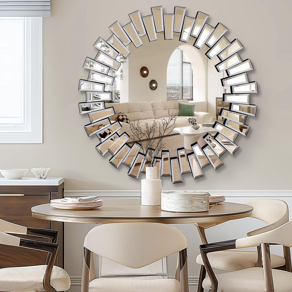 32" x32" Round Sunburst Wall Mirror, Frameless Beveled Edge