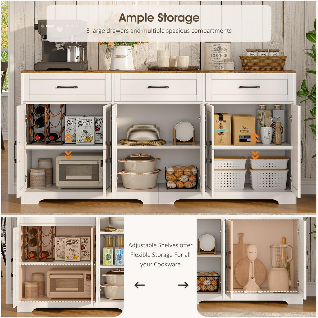 71" Farmhouse Sideboard Buffet Cabinet 3 Drawers & 6 Doors, White