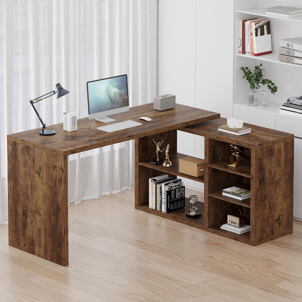 L Shaped Desk with Storage, Home Computer Desk, Rustic Brown, 55 Inch