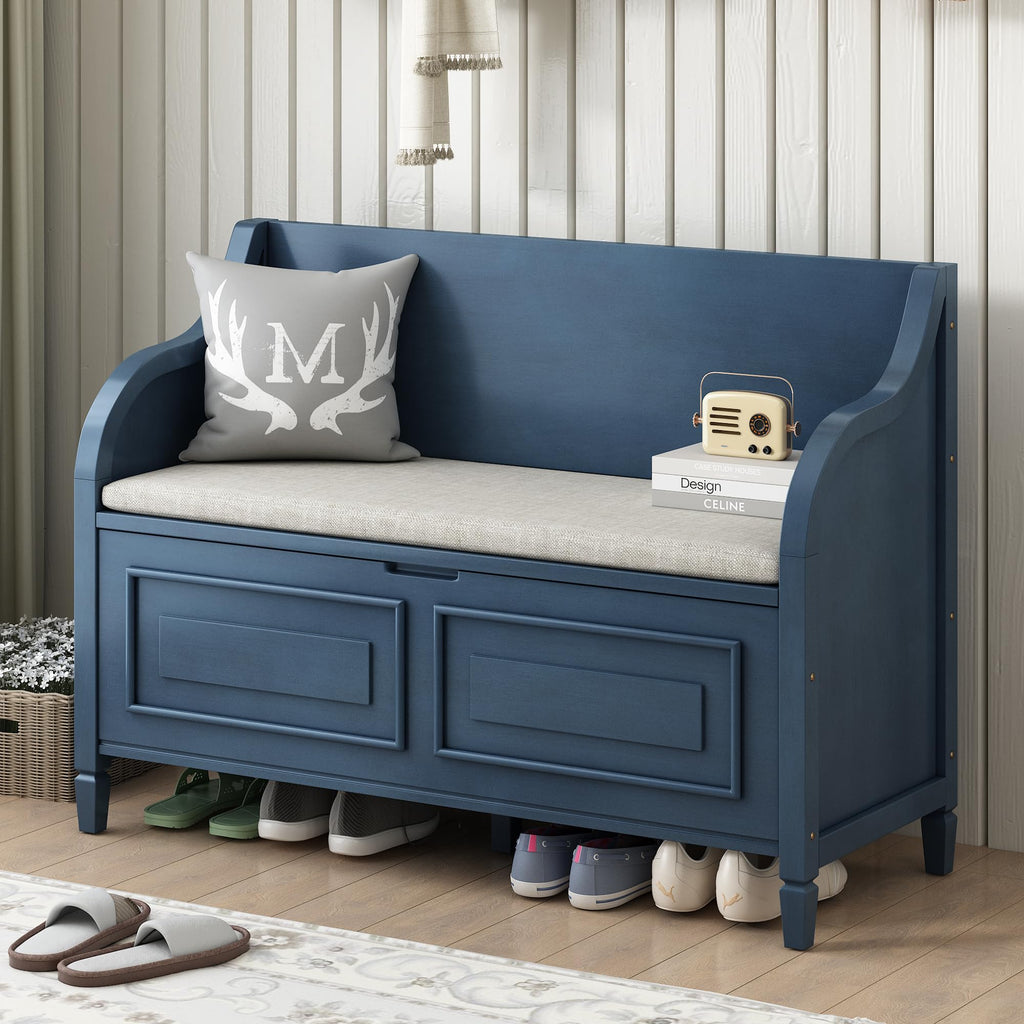 Rustic Style Solid Wood Storage Bench with Safety Hinge, Multifunctional Shoe Bench with Removable Cushion Bedroom