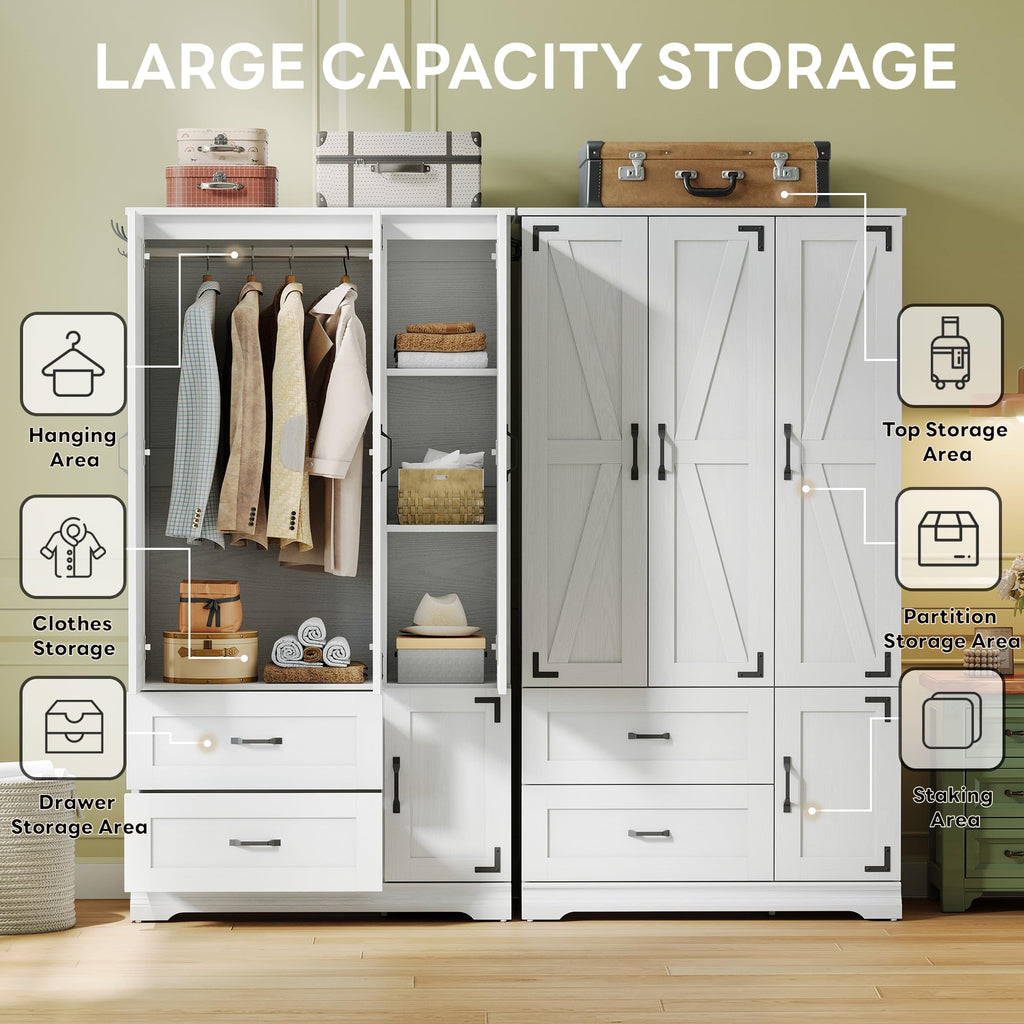 Armoire Wardrobe Closet 71" with 4 Doors & 2 Drawers, White