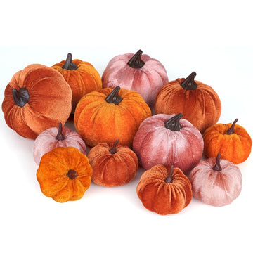 12Pcs Fall Artificial Velvet Pumpkins Assorted Sizes Orange Brown Pink Fake Farmhouse Harvest Pumpkins for Fall
