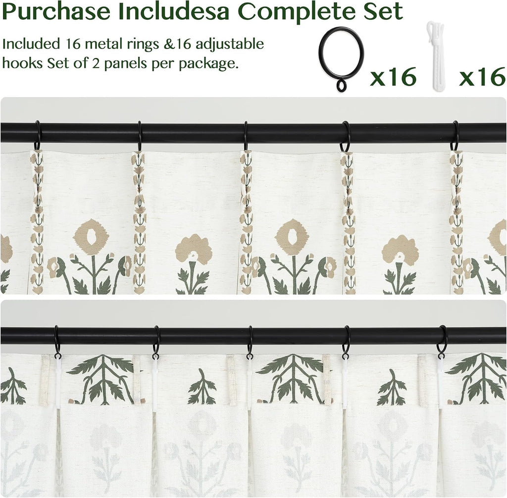 Brown Printed Pinch Pleat Curtains 84 Inch Long, Light Filtering Linen Blend Farmhouse Pleated Drapes, Semi Sheer