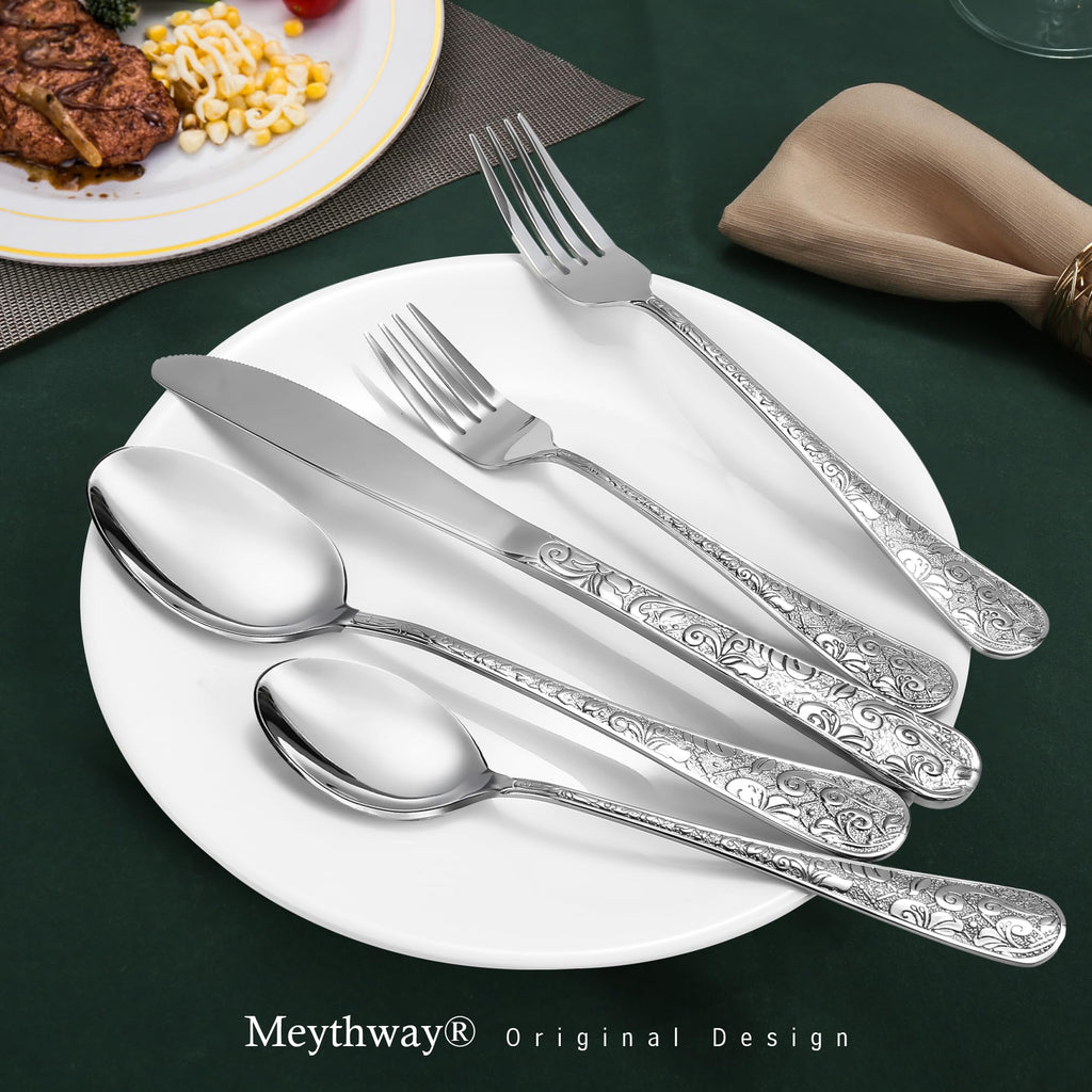 Vintage Carved Silverware Set for 8, Stainless Steel Flatware Set with Knife/Fork/Spoon, Cutlery Set