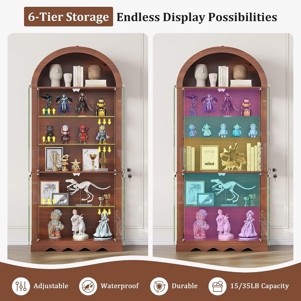 6-Tier Arched Glass Display Cabinet with RGB Lights & Lock | Curio Display Case, Glass Doors, Adjustable Large