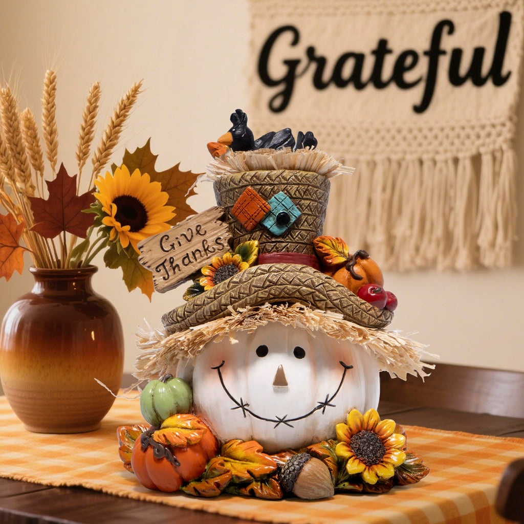 Thanksgiving Pumpkin Decorations, Resin Fall Autumn Figurine with Straw Hat, Birds, Acorns & Sunflowers, Give Thanks