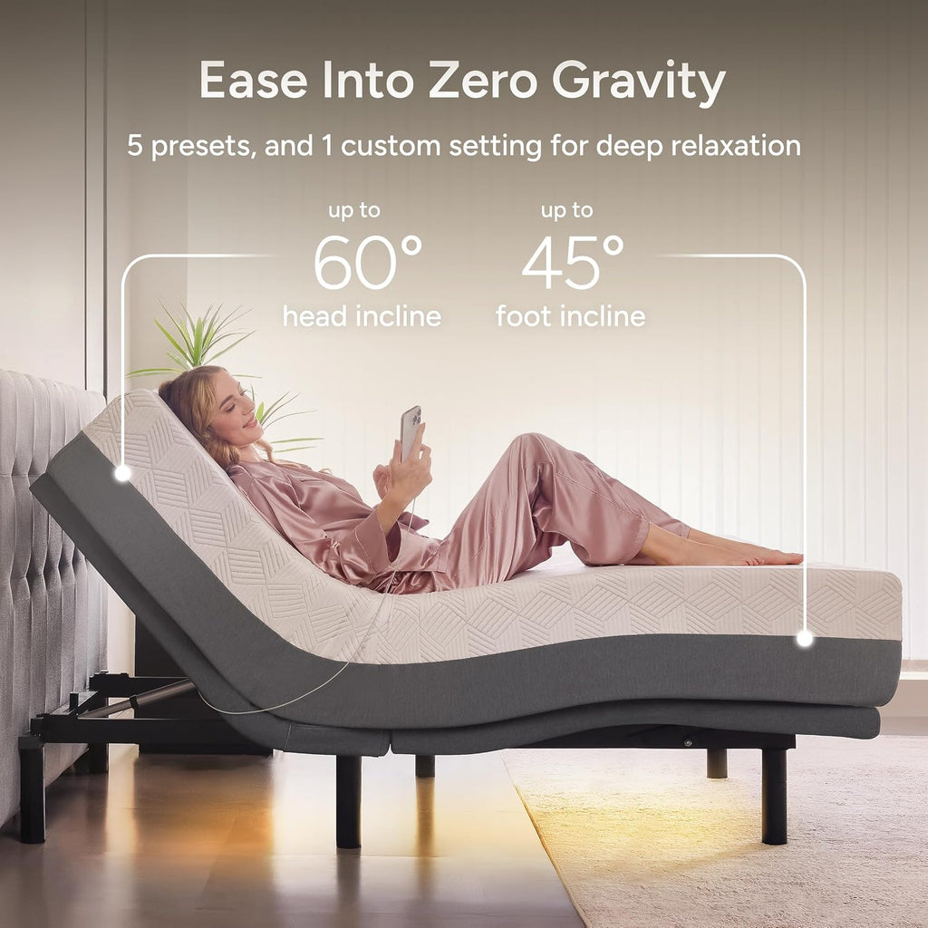 SFE Queen Adjustable Bed Frame - Zero Clearance Smart Frame, Electric Massage, Wireless Remote for Head & Foot Lift