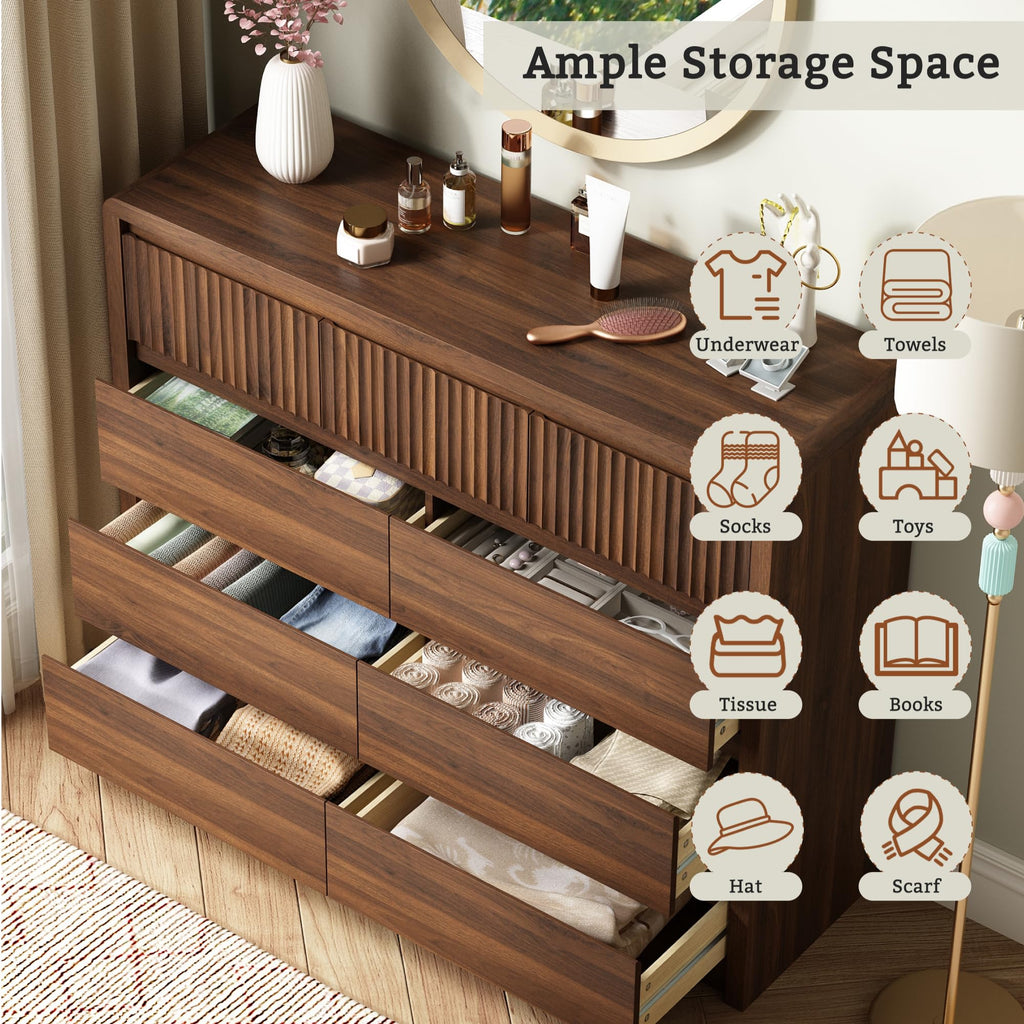 Walnut Fluted 9 Drawer Dresser, Curved Edge, 50" Wide