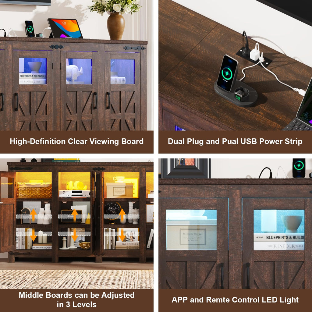 95" Large LED Farmhouse TV Stand for 100/90/80In TVs with Power Outlets, Tall Entertainment Center Storage