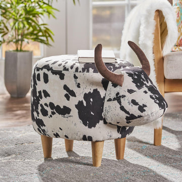Modern Ottoman, Cow-Shaped Velvet Accent Footstool with Birch Legs, Porch, Garden, Balcony Decor, Artsy Animal Print