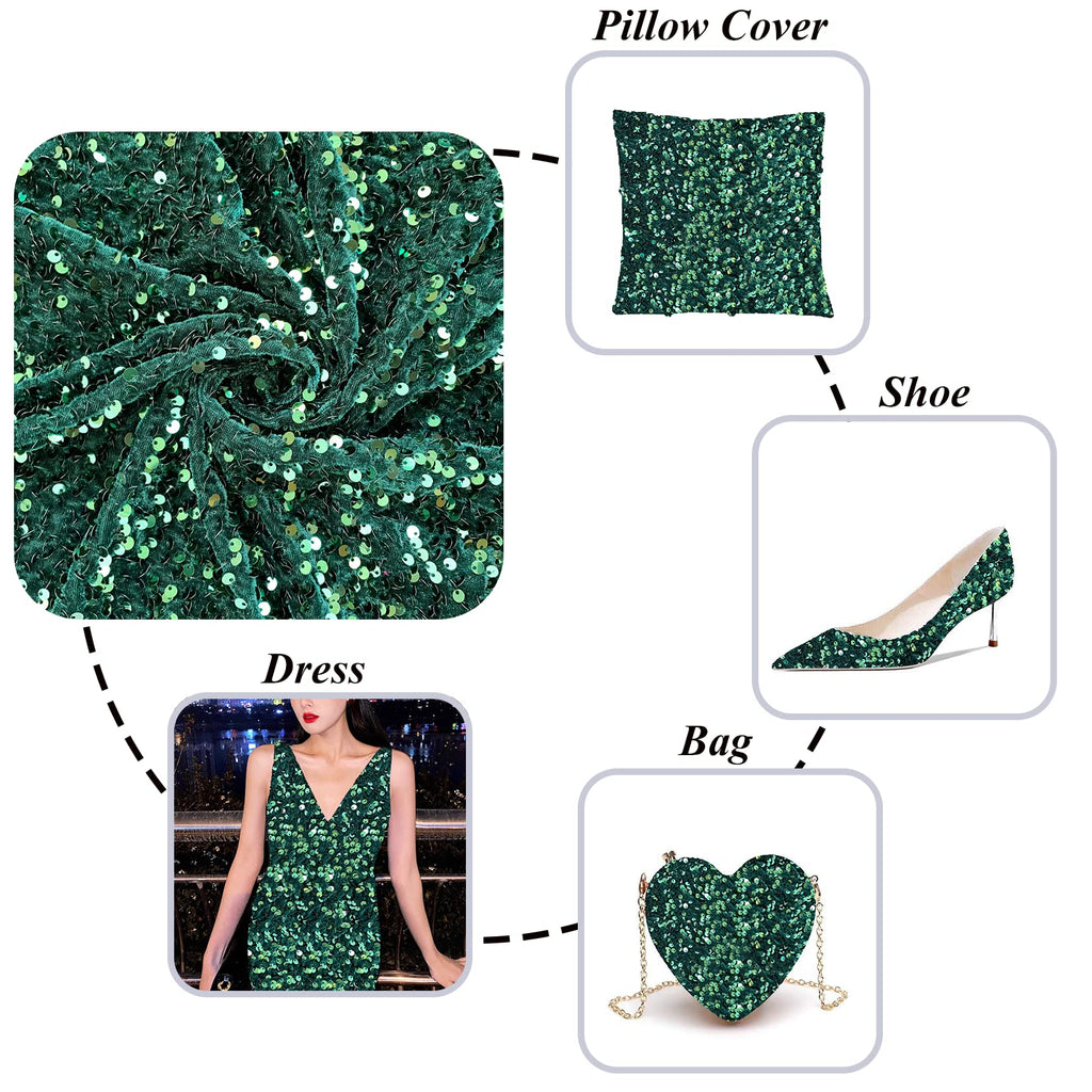 Dark Green Sequin Fabric 5 Yards Emerald Fabric by The Yard Stretch Sequins Velvet Fabric for Dress Making Reversible