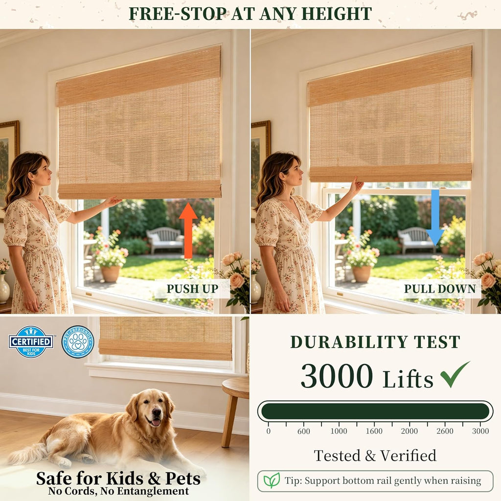 No Drill Cordless Bamboo Roman Shades with Matching Valance, Light Filtering Natural Woven Roll Up Blinds , and