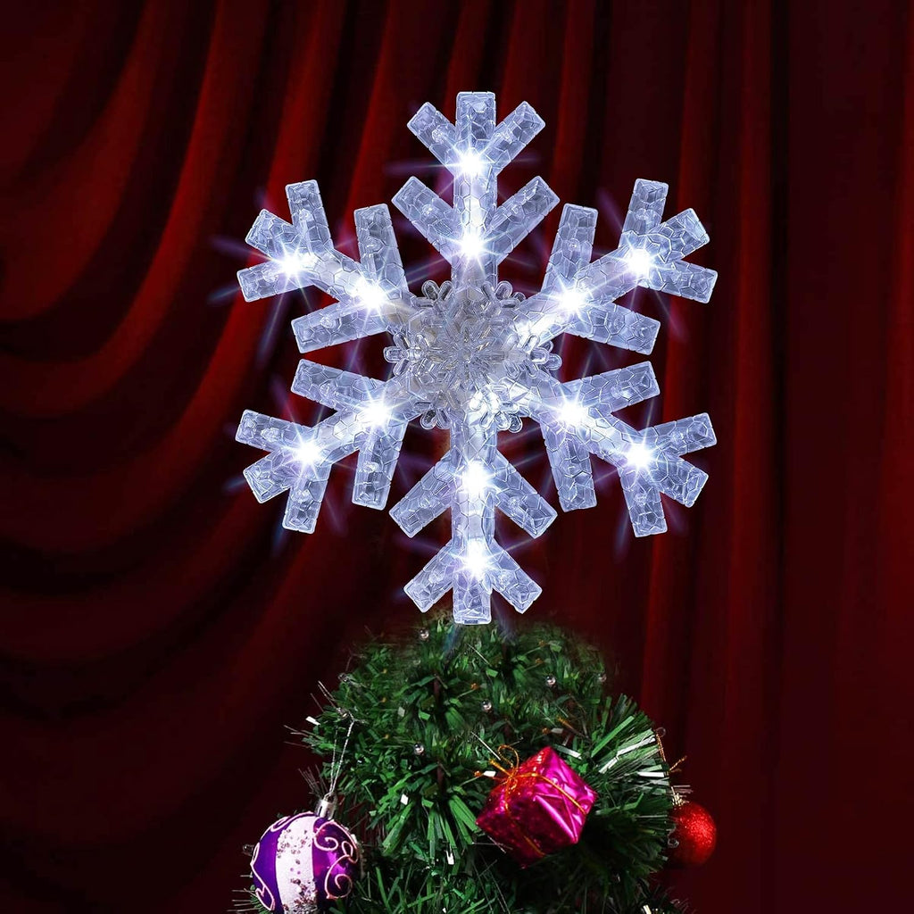 Snowflake Christmas Tree Topper, 9 inch Christmas Tree Topper Ornament with 15 White LED Lights, Lighted Tree Topper
