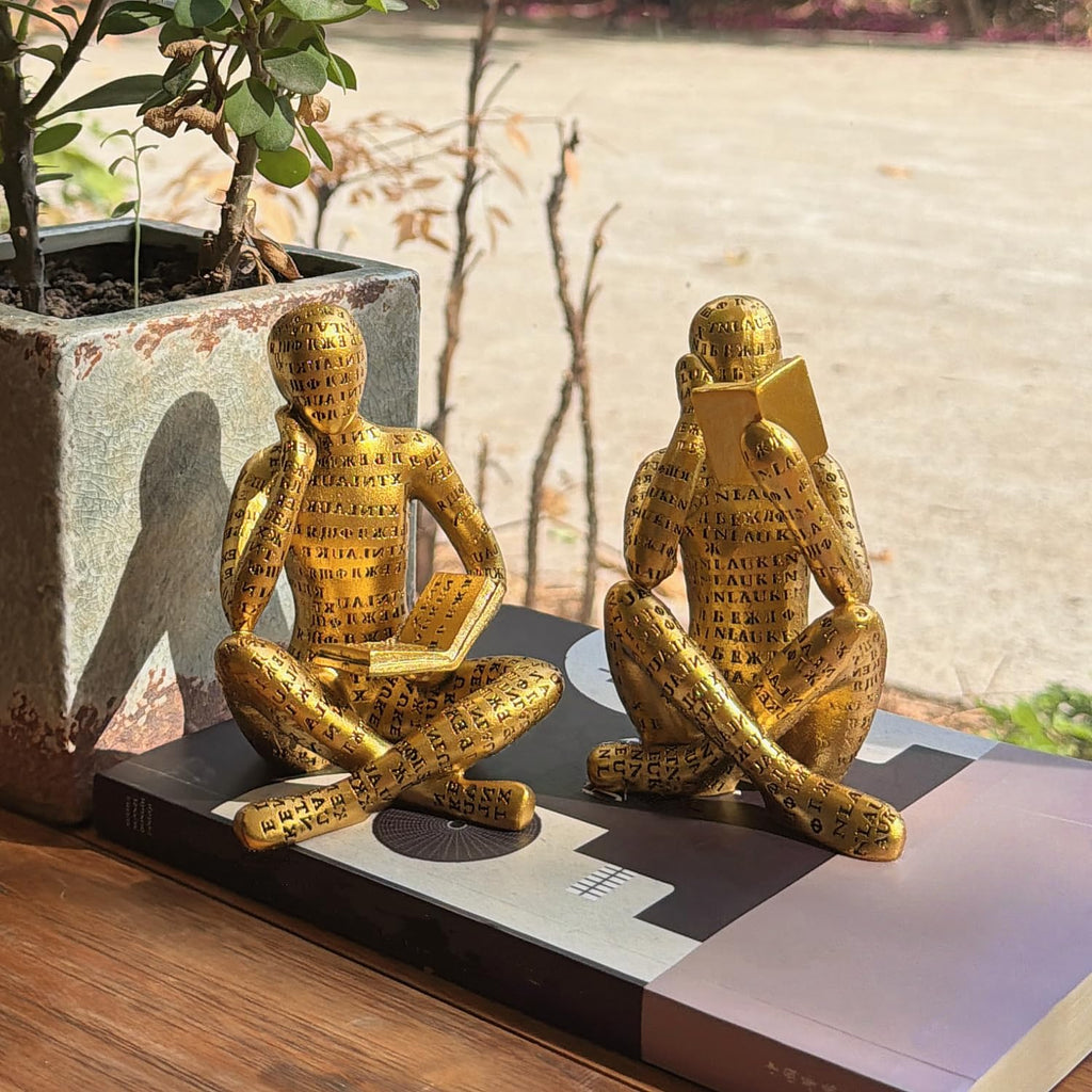 Antique Gold Reading Thinker Statue, Set of 2 Abstract Art Sculptures