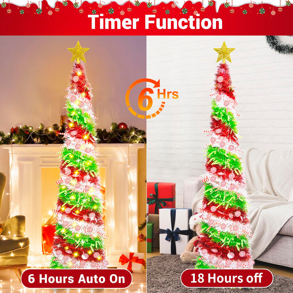 5FT Pop Up with 8 Rmote Lights Modes - 3 Color Sequin Tinsel, Collapsible Artificial Pencil Christmas Trees